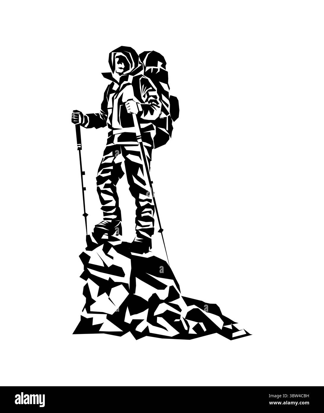 Silhouette eines Mannes auf der Spitze des Bergminimalismus für den Bergtourismus Stock Vektor