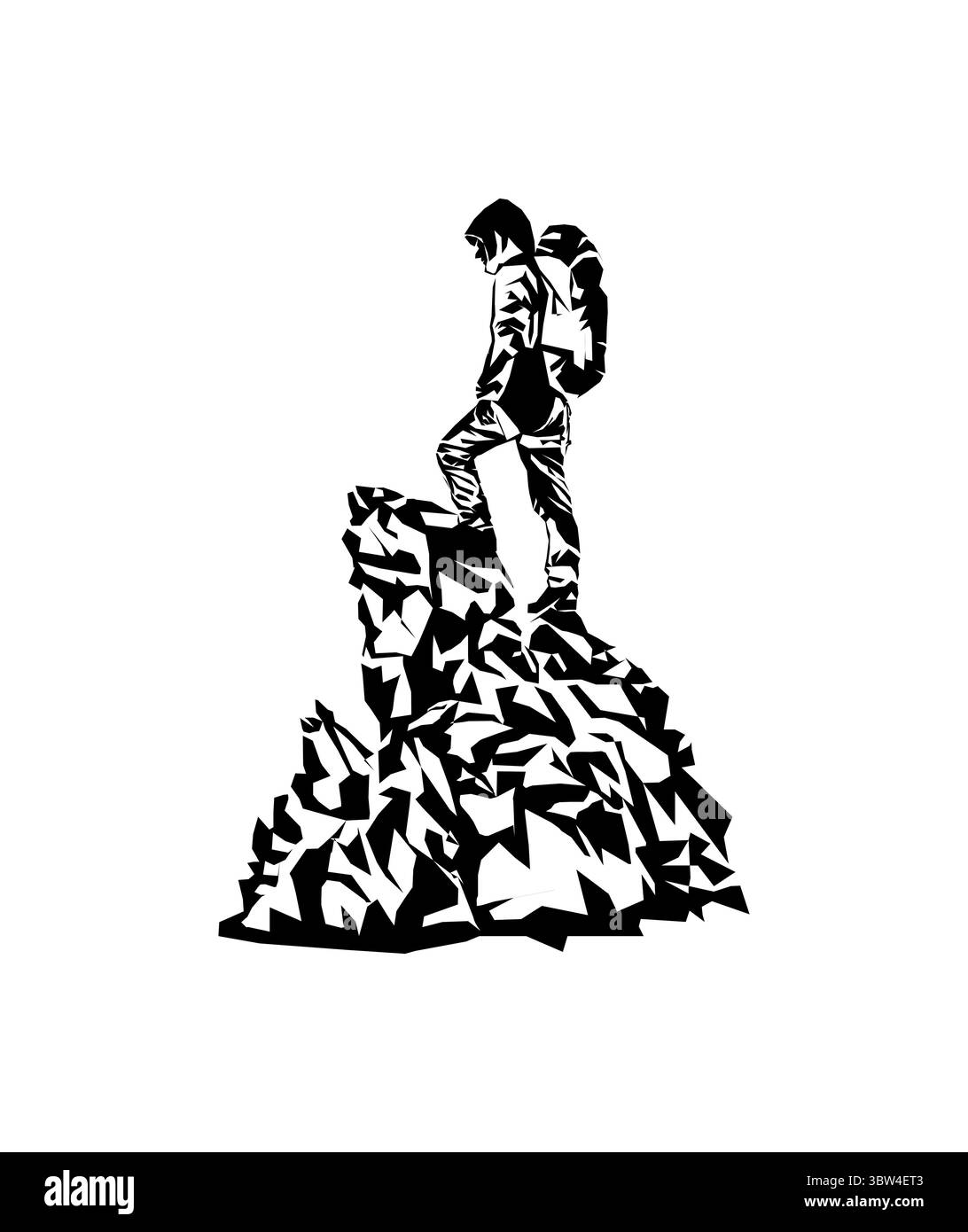 Silhouette eines Mannes auf der Spitze des Bergminimalismus für den Bergtourismus Stock Vektor