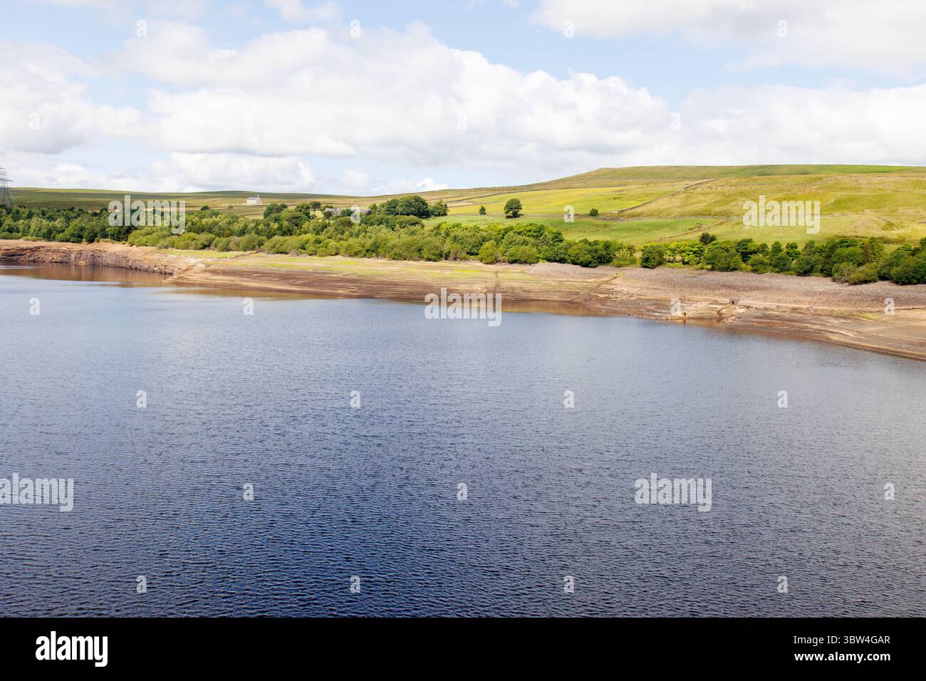 Baitings-Stausee mit niedrigem Wasserstand und einem Schlauchschlauchverbot im Sommer 2025 Stockfoto