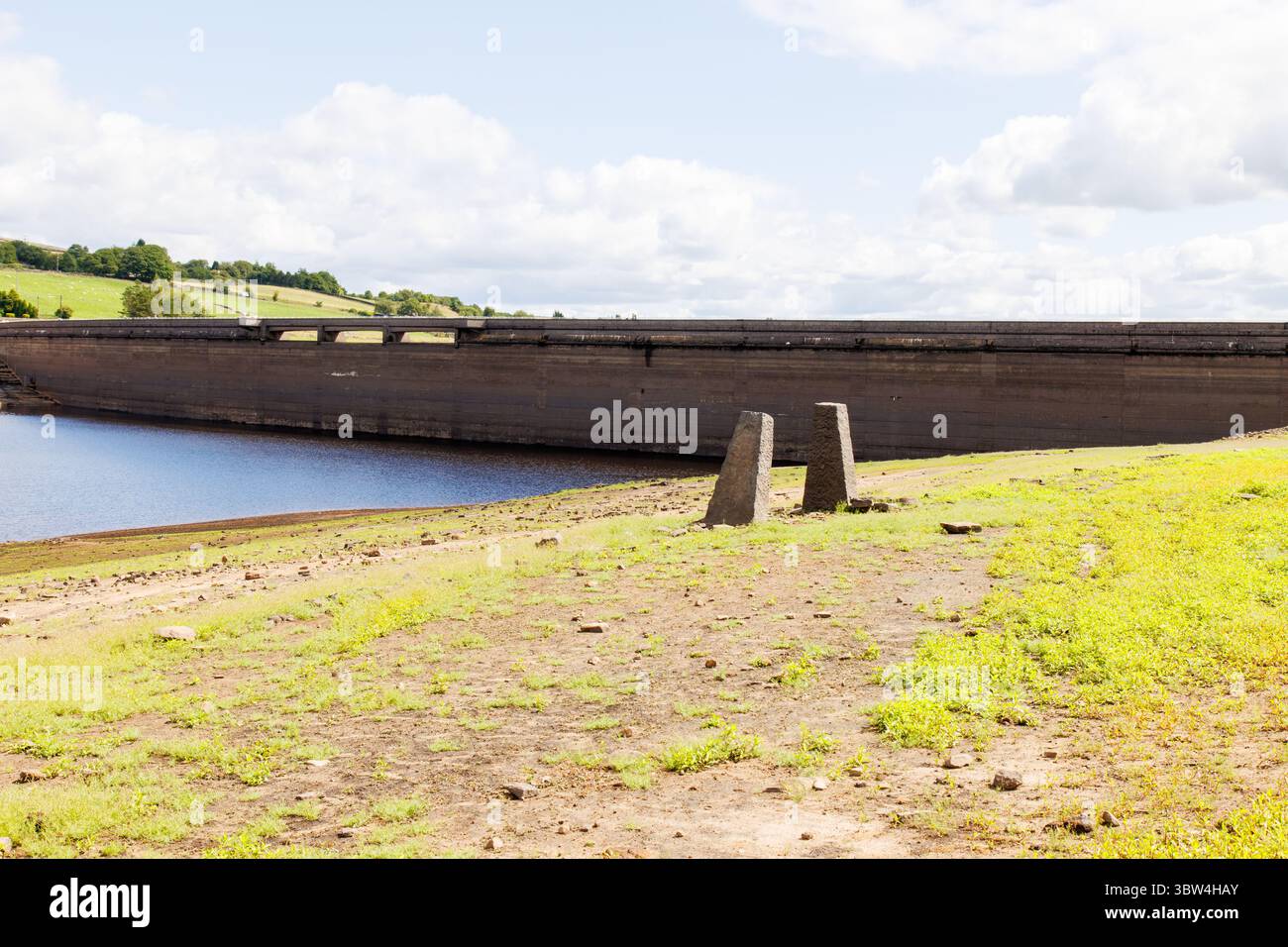 Baitings-Stausee mit niedrigem Wasserstand und einem Schlauchschlauchverbot im Sommer 2025 Stockfoto