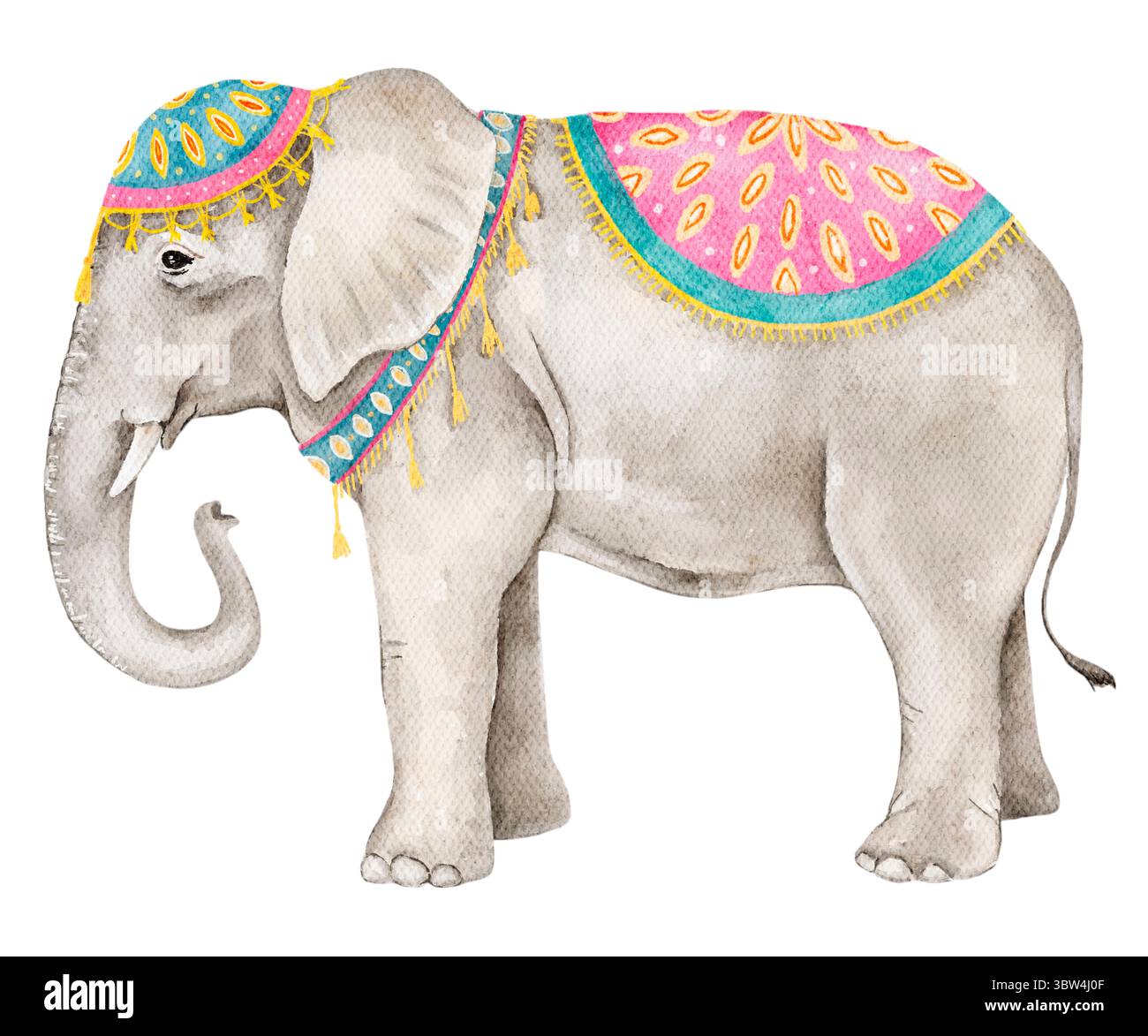 Grauer Elefant mit indischer Decke und Kopfbedeckung im Profil. Aquarell-Clipart für Kulturplakate, Hochzeitseinladungen, Verpackungen und Safarithemen Stockfoto