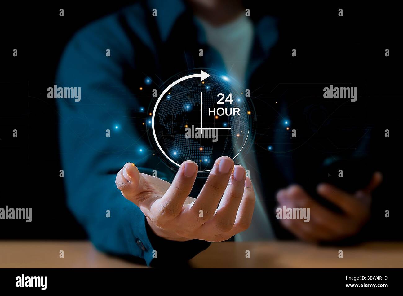 24/7 Service Online Store Concept 24/7 Online-Service mit Vollzeit-Zugang rund um die Uhr zum globalen Kundenservice. Stockfoto