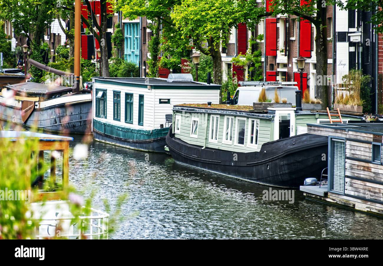 Hausboote entlang eines Kanals in amsterdam, niederlande, bieten eine einzigartige Perspektive auf das städtische Leben Stockfoto