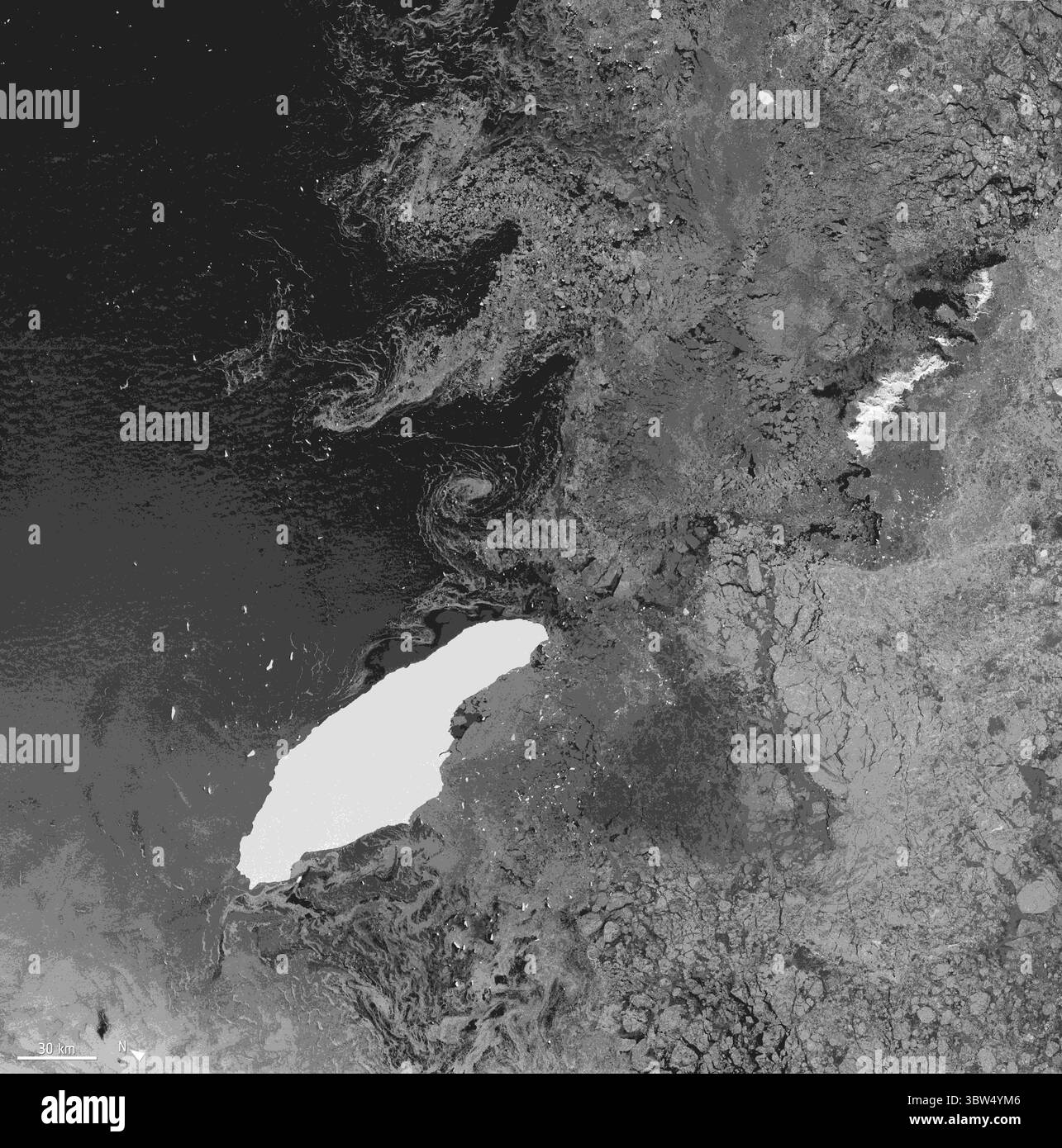 4. November 2020: Der größte Eisberg der Welt, bekannt als A68a, liegt auf dem britischen Überseegebiet Südgeorgiens. Der antarktische Eisriese hat eine ähnliche Größe wie die südatlantische Insel und es besteht die große Möglichkeit, dass der berg jetzt vor der Küste des Wildtierparadieses landen und ankern könnte, was eine große Bedrohung für lokale Pinguine und Robben darstellt. IM BILD: Ein riesiger Eisberg namens A68 kalbte am 12. Juli 2017 aus dem Larsen C-Schelfeis der Antarktischen Halbinsel. Dieses Bild, das von der Copernicus-Sentinel-3-Mission aufgenommen wurde, zeigt seine Position am 9. Februar 2020. T Stockfoto