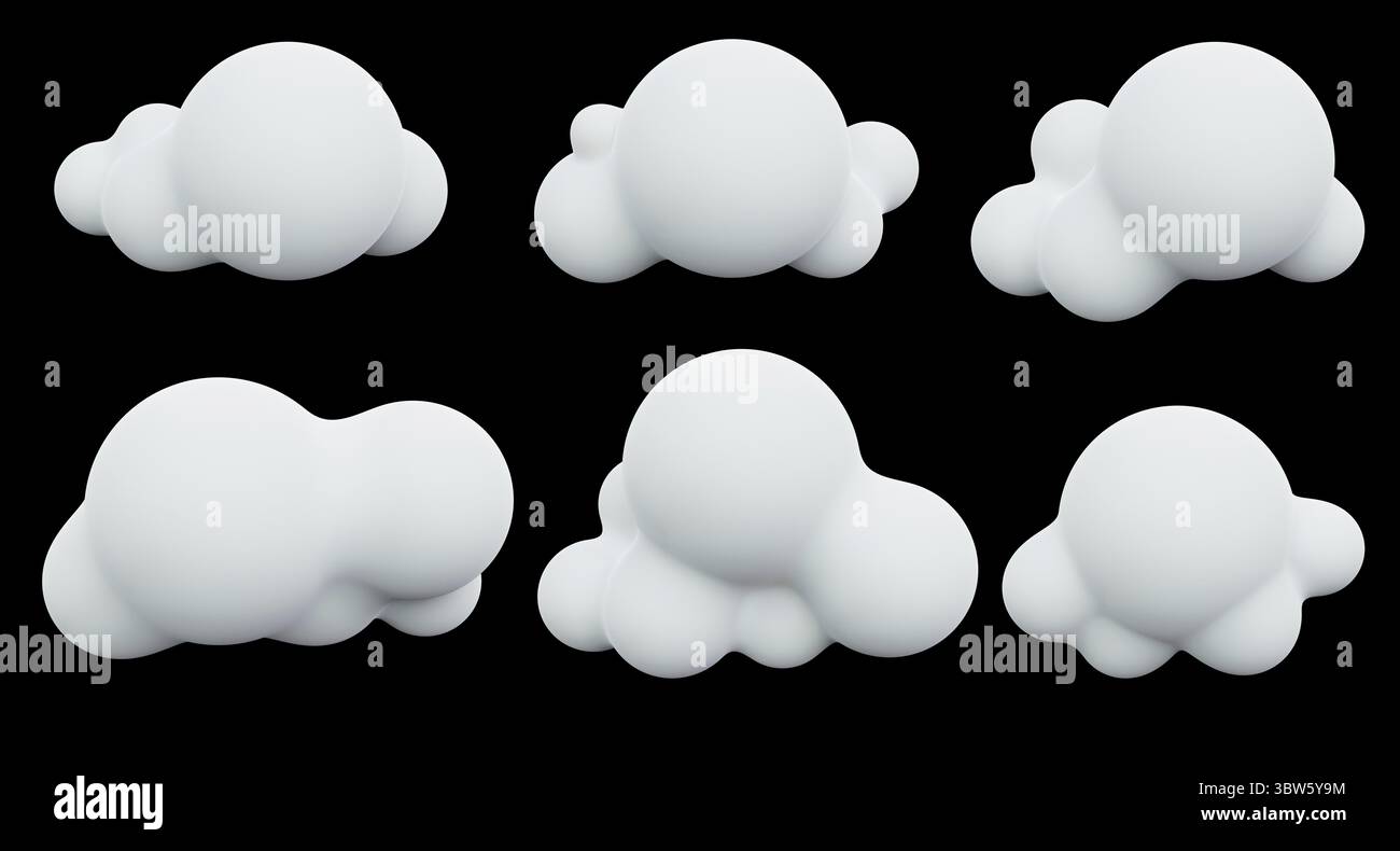 Wolkensymbole auf isoliertem schwarzen Hintergrund. Natur- und Objektkonzept. 3D-Darstellung von Illustrationen Stockfoto