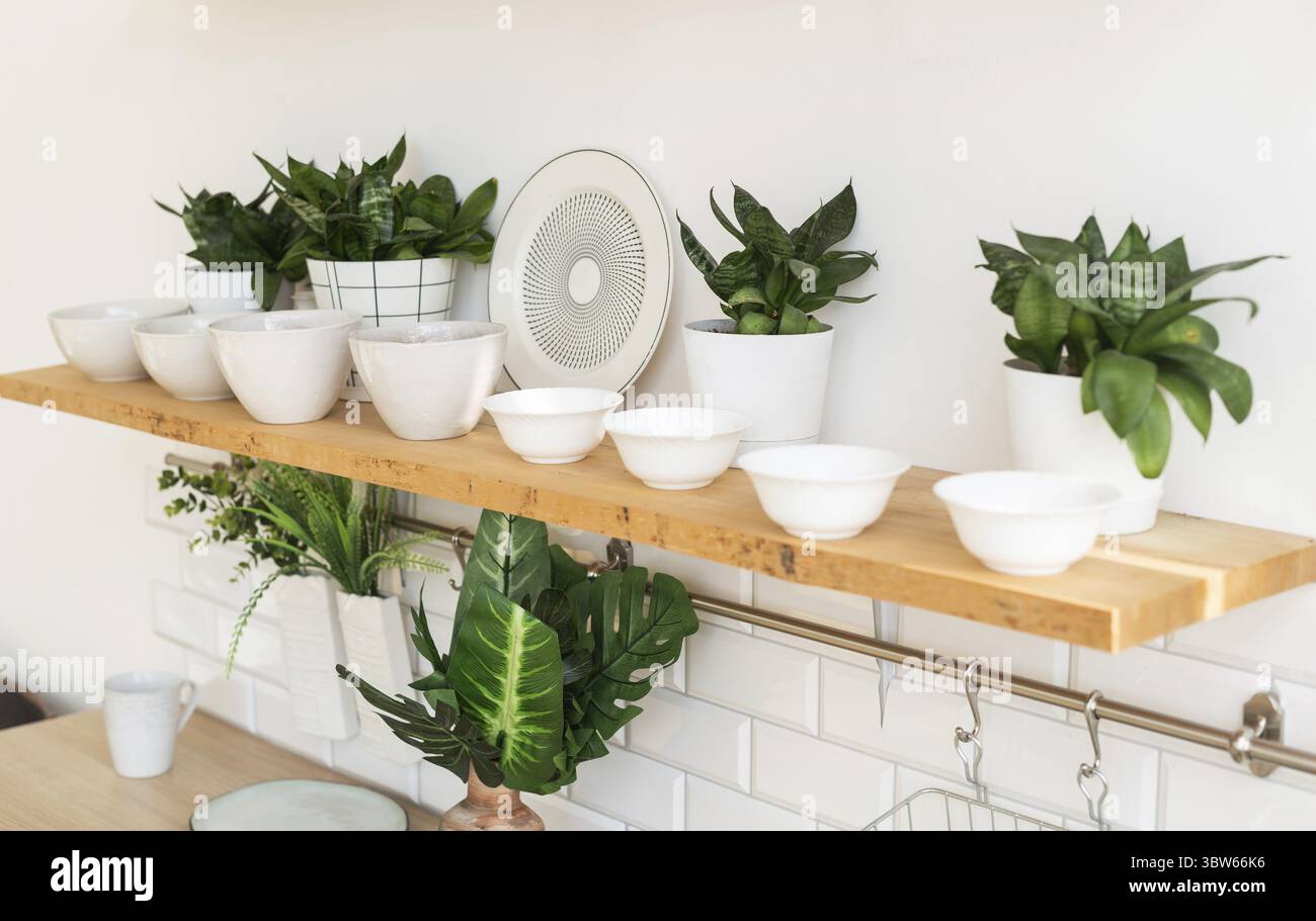 Die Inneneinrichtung einer trendigen, stilvollen, hellen Küche im skandinavischen Stil mit offenen Regalen. Loft-Innenraum Stockfoto