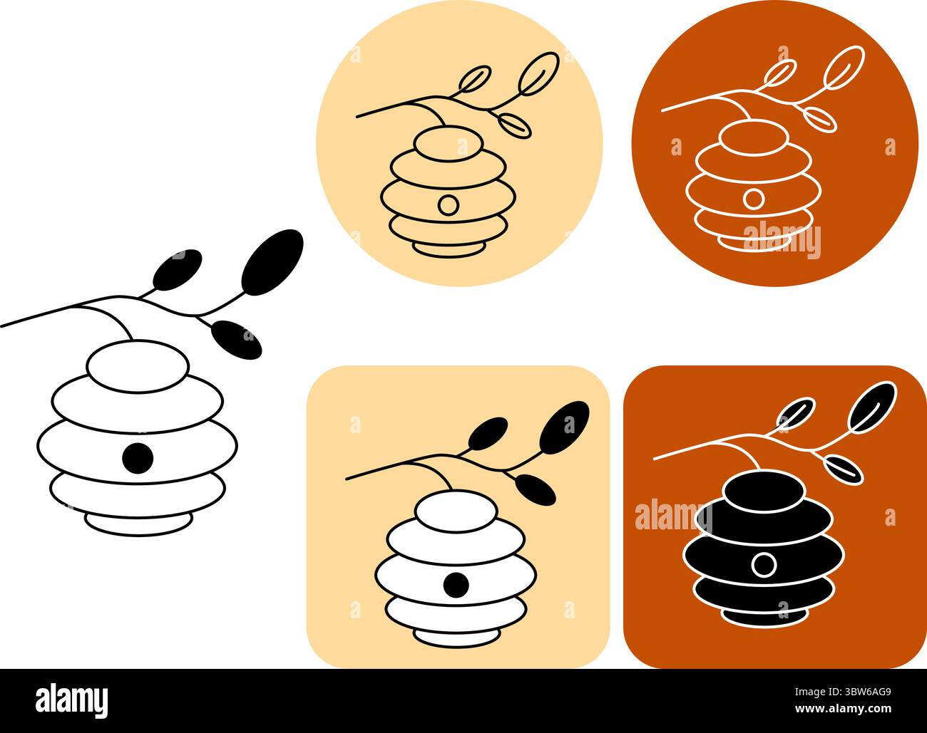 Hängende Bienenstöcke an Zweigbaumlogotypen. Vektorgrafik-Strichdarstellung. Geeignet für Naturmotive, Honigetiketten oder umweltfreundliche grafische Elemente Stock Vektor