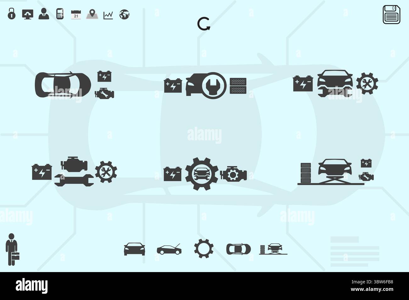Die Symbole für die Fahrzeugwartung schweben über einem hellblauen Flachbildschirm mit Stromleitungen Stockfoto