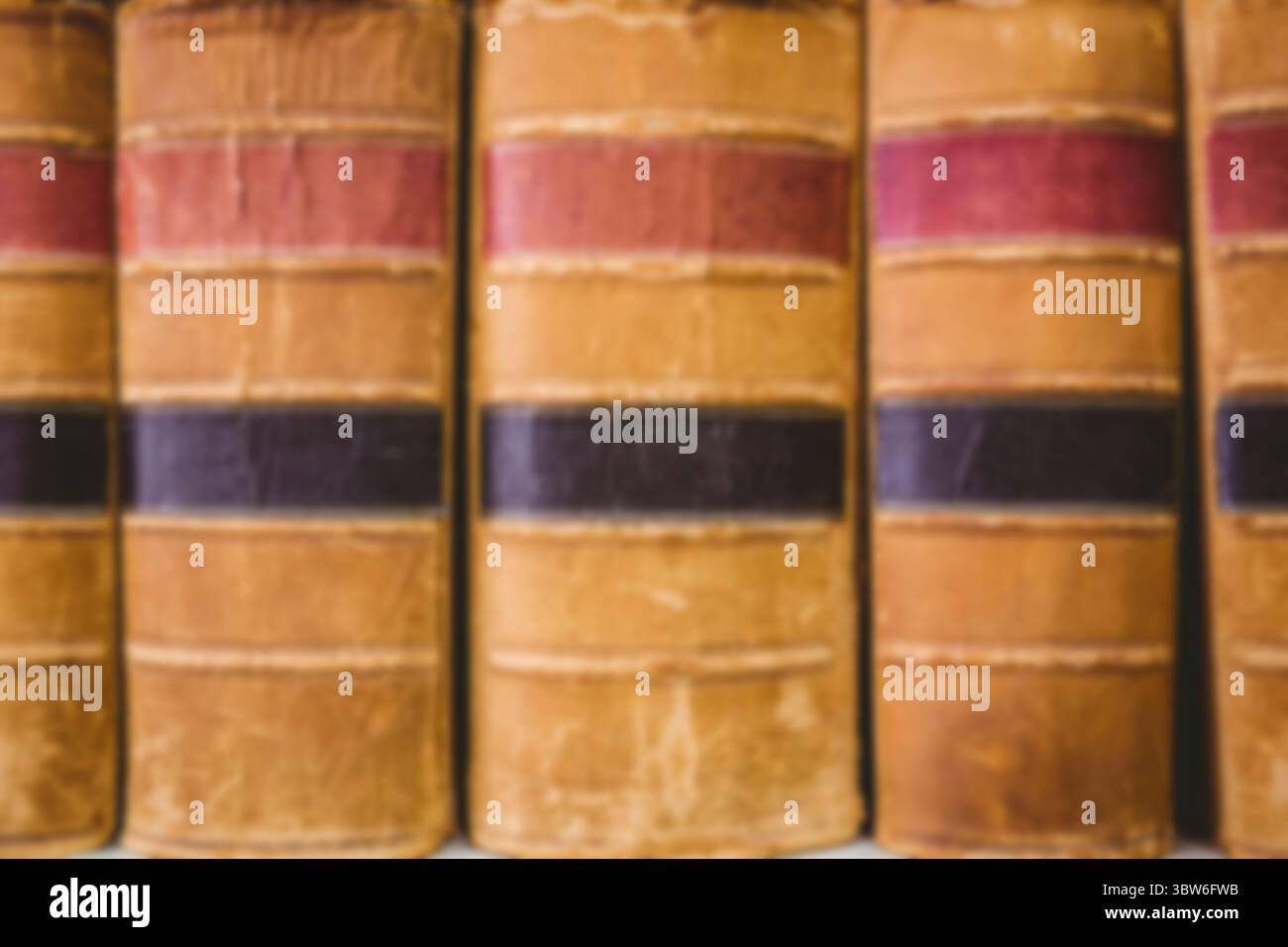 Eine Reihe antiker Bücher mit Lederbindung wird in flachem Design mit farbigen Rückenbändern gezeigt Stockfoto