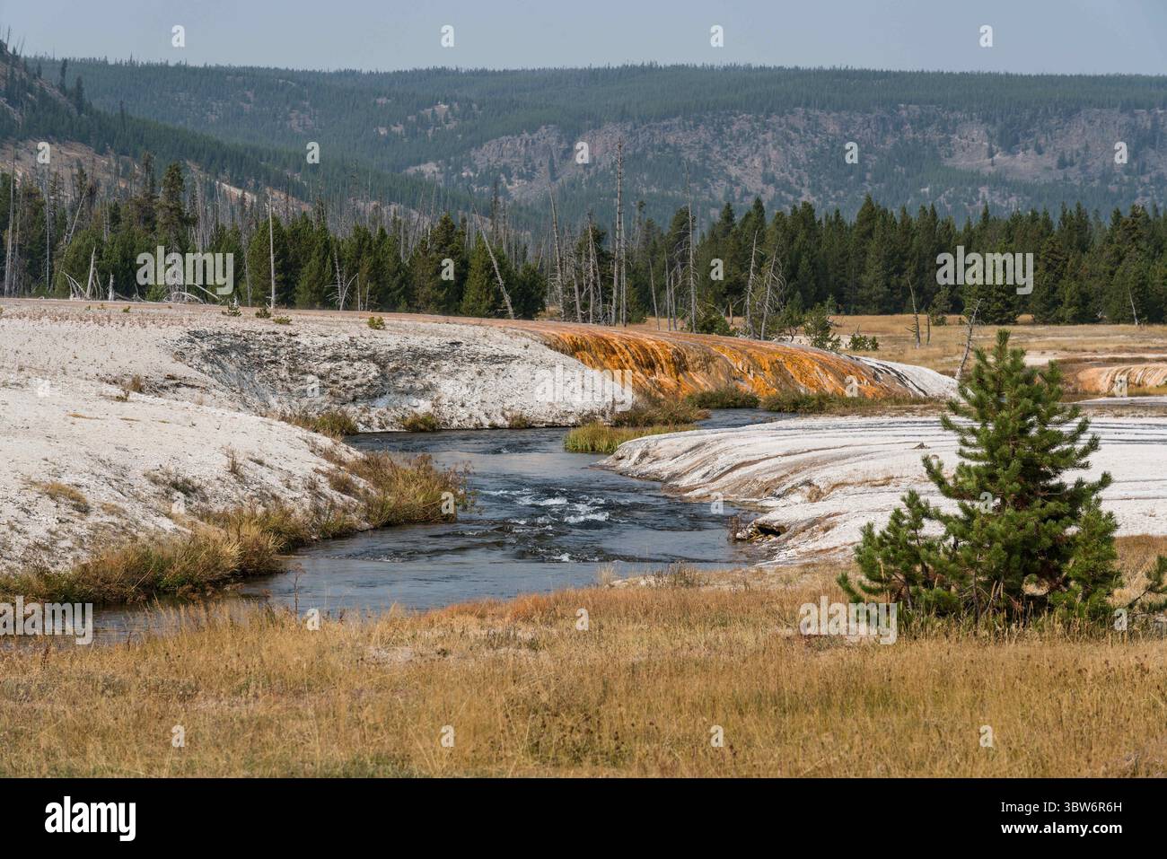 15. September 2020, Yellowstone National Park, Wyoming, Vereinigte Staaten: Heißes Wasser aus Sunset Lake mit Matten von bunten thermophilen Bakterien fließt in den Iron Spring Creek im Black Sand Basin des Yellowstone National Park. (Kreditbild: © Jon G. Fuller/VW Pics via ZUMA Wire) Stockfoto