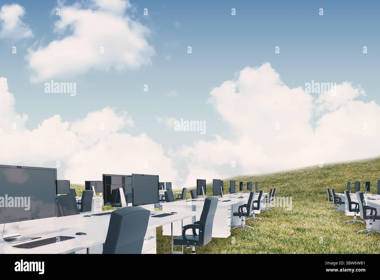 Flaches Design mit weißen Schreibtischen und schwarzen Stühlen auf einem grasbewachsenen Hügel unter blauem Himmel Stockfoto