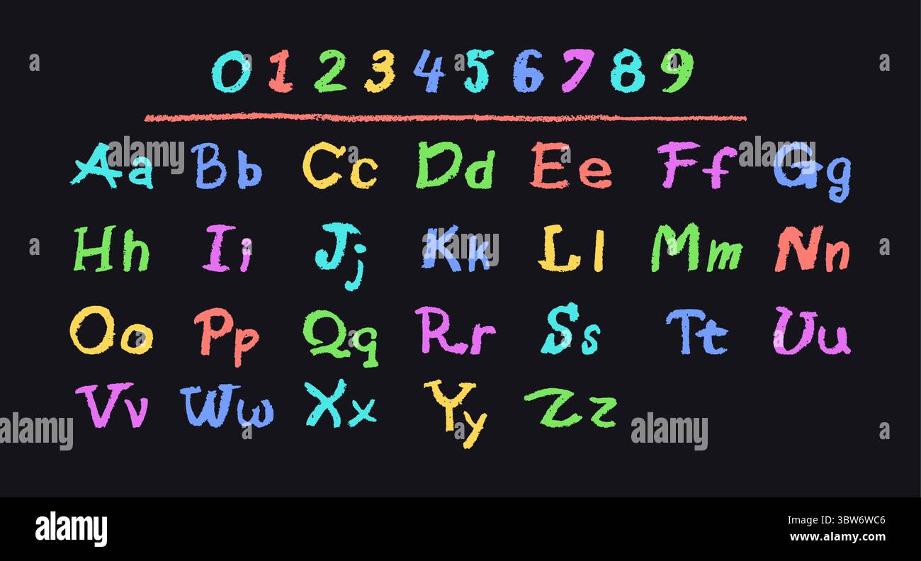 Bunte Vektorillustration des englischen Alphabets und der Zahlen 0-9, handgezeichnet in einem Buntstift, Kreide, Pastellfarben oder Wachs. Markierungseffekt auf einem Stock Vektor