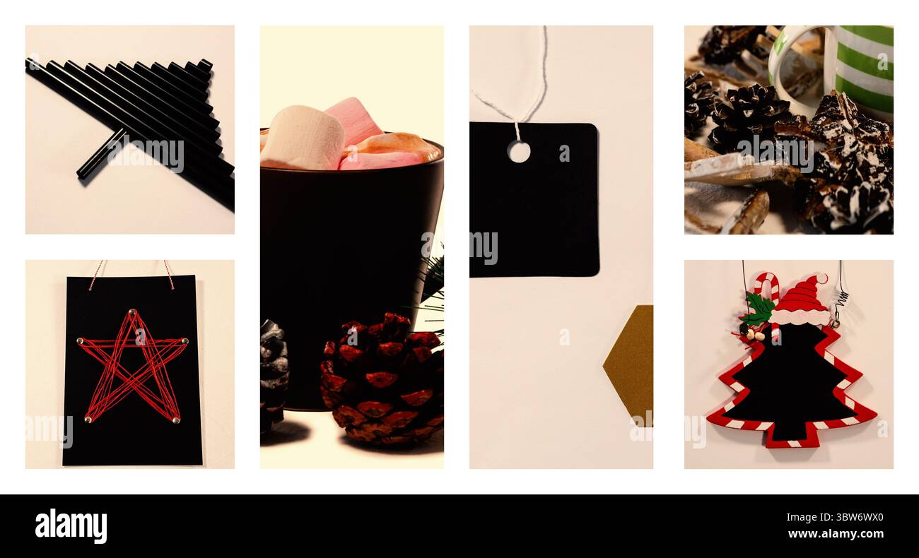 Weihnachtsgebastelartikel werden in Tischcollage mit schwarzen Geschenkanhänger und Tannenzapfen gezeigt Stockfoto