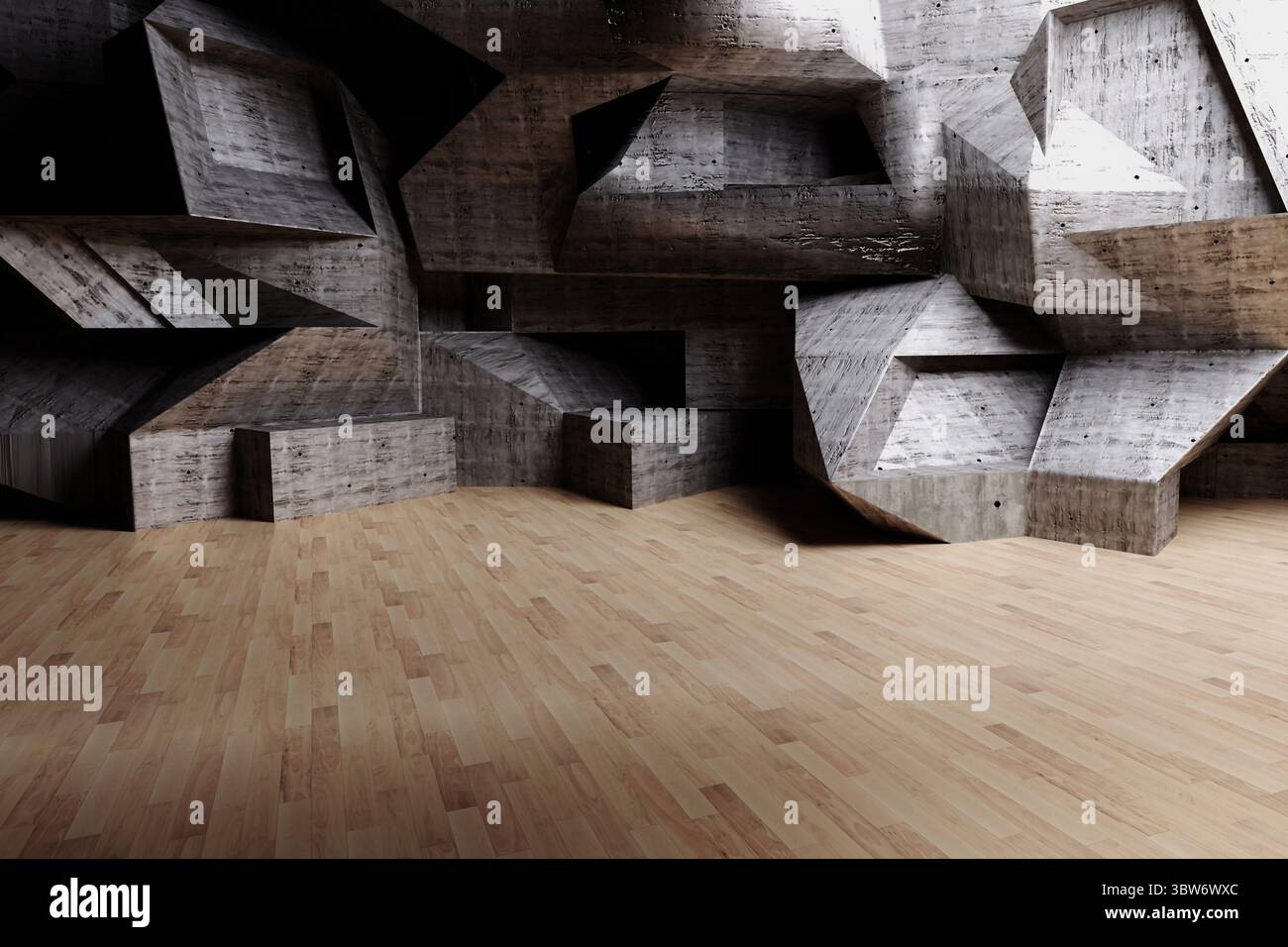 3D-Rendering zeigt das Innere der Galerie mit skulpturaler Betonwand, eckigen Nischen und Holzboden Stockfoto
