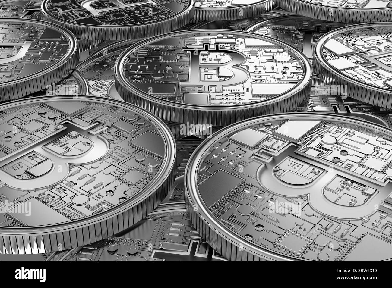 Bitcoin Coins spiegeln sich im 3D-Rendering wider und zeigen Schaltungsmuster auf transparentem Hintergrund Stockfoto