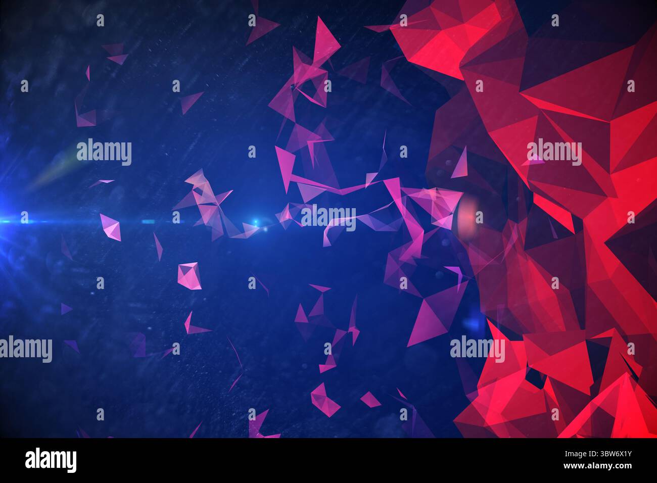 Rotes Polygon-Cluster mit lila-rosa Scherben schweben im digitalen Kunstraum und zeigen Linsenflecken Stockfoto