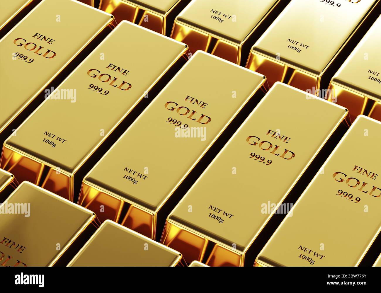 Feine Goldbarren im Tresorraum. Wirtschafts- und Finanzkonzept des Unternehmens. Rendering von 3D-Illustrationen Stockfoto