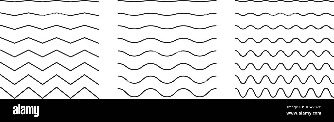 Wellige, kurvige Linien. Einfache wellenförmige Ränder, horizontale Querlinien festgelegt. Wasser, Fluss, See, Meer, Ozean Symbol. Sinus, Flüssigkeit, Luft, Windzeichen Stock Vektor