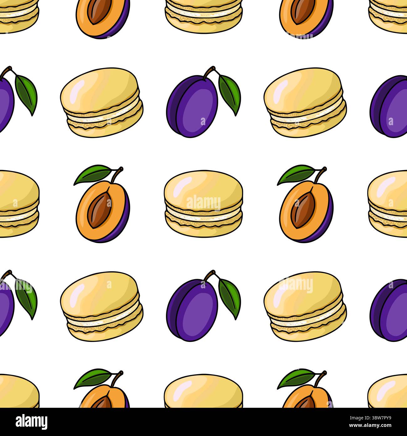 Nahtloses Vektormuster aus pastellgelben Macarons und halbierten Pflaumen mit leuchtenden lila und orangen Tönen, die eine entzückende und appetitliche Design ID schaffen Stock Vektor