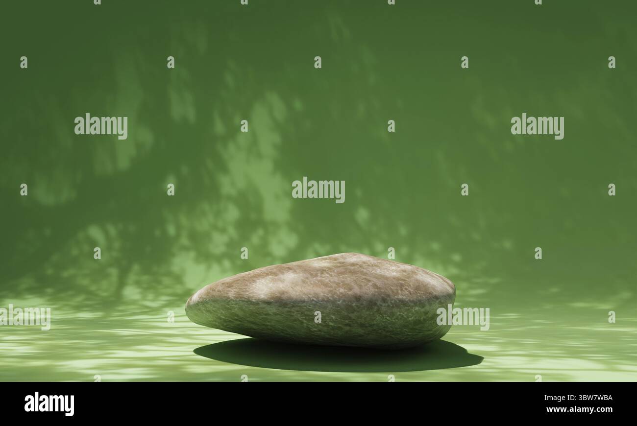 Felsen mit natürlichem grünen Hintergrund und realistischem Baumschatten. Abstraktes und Naturkonzept. 3D Darstellung von Illustrationen Stockfoto