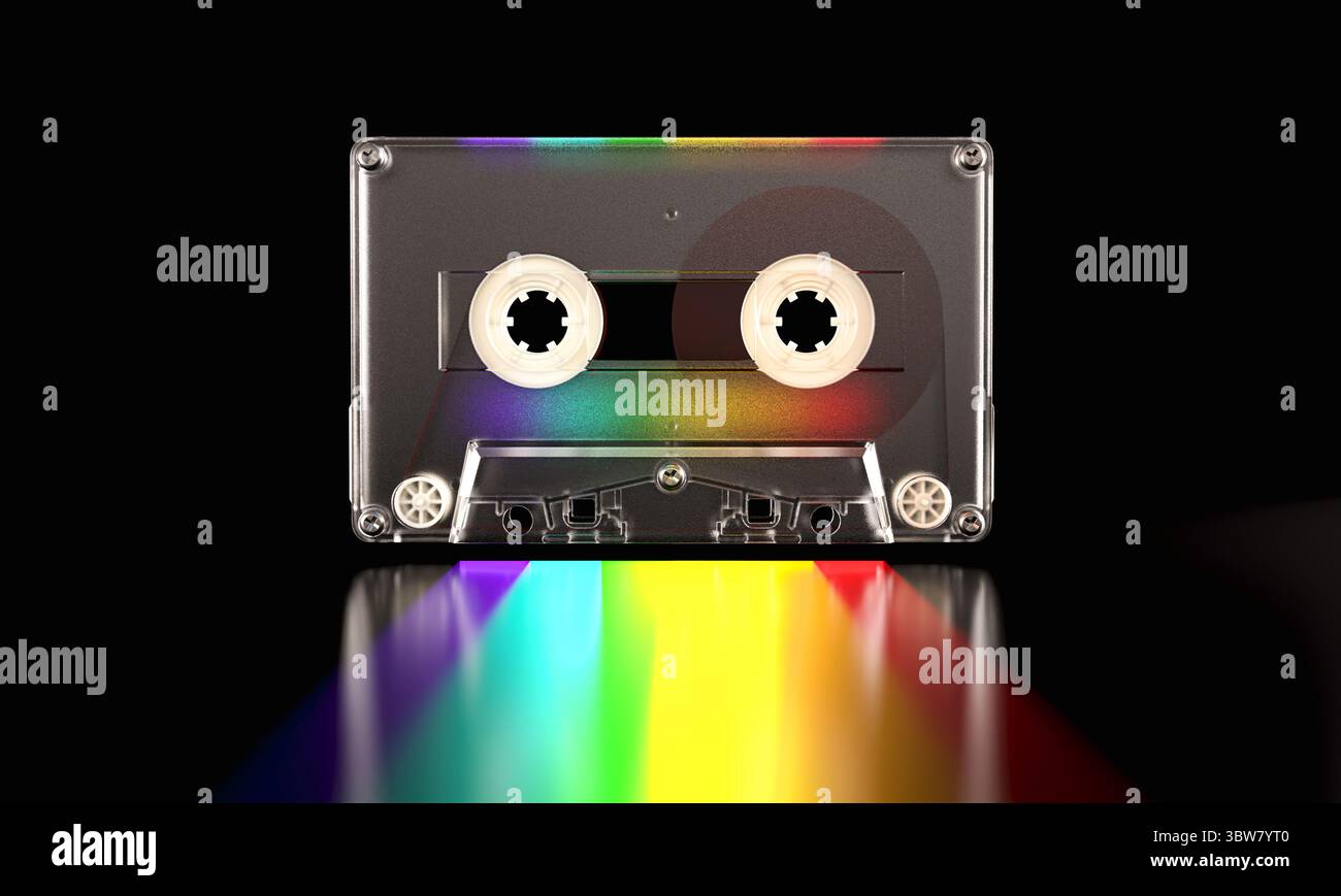 Transparente Audiokassette mit Regenbogenfarben, 3D-schwarzem Hintergrund Stockfoto