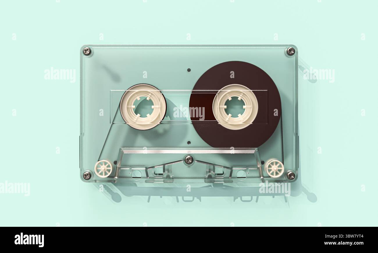 Transparentes Audiokassettenband 3D, pastellgrüner Hintergrund Stockfoto