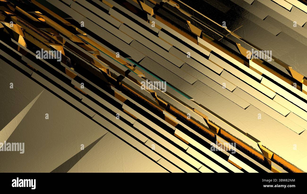 Abstraktes geometrisches Volumenmuster im Hintergrund mit Illustrationsrechnern in Goldfarben Stockfoto