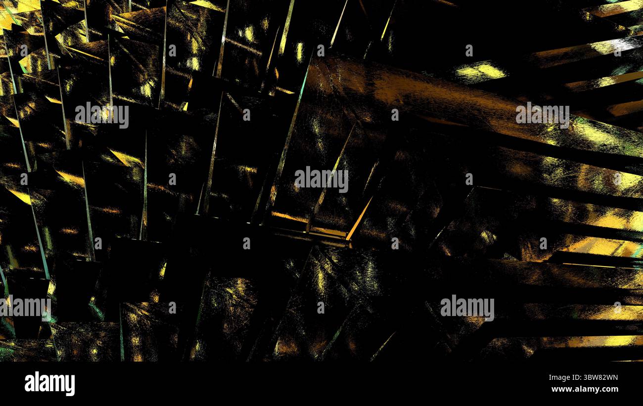 Abstraktes geometrisches Volumenmuster in Gold und Schwarz Stockfoto