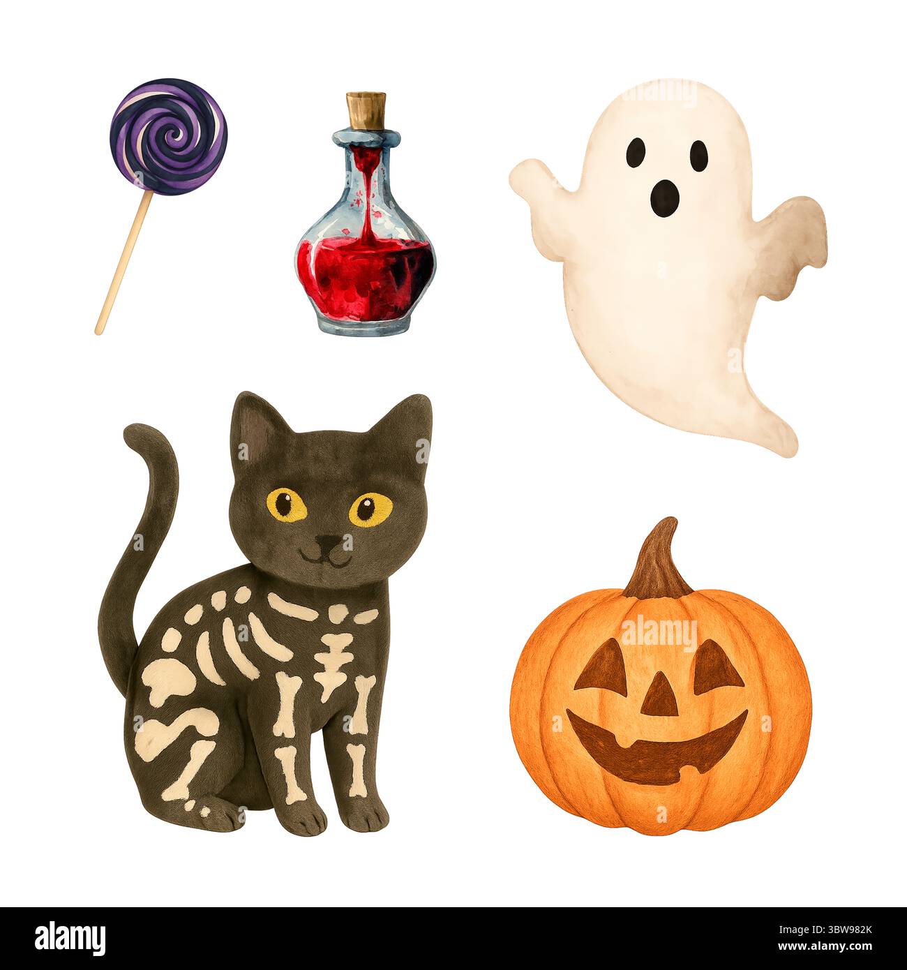 Aquarell Halloween Clipart – niedliche handgemalte Elemente für saisonale Designprojekte Stockfoto