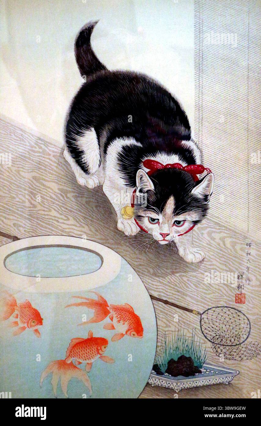Ohara Koson. Holzschnitt mit dem Titel „Cat and Goldfish Bowl“ des japanischen Druckers Ohara Koson (auch Ohara Hōson, Ohara Shōson: 1877–1945), 1933 Stockfoto