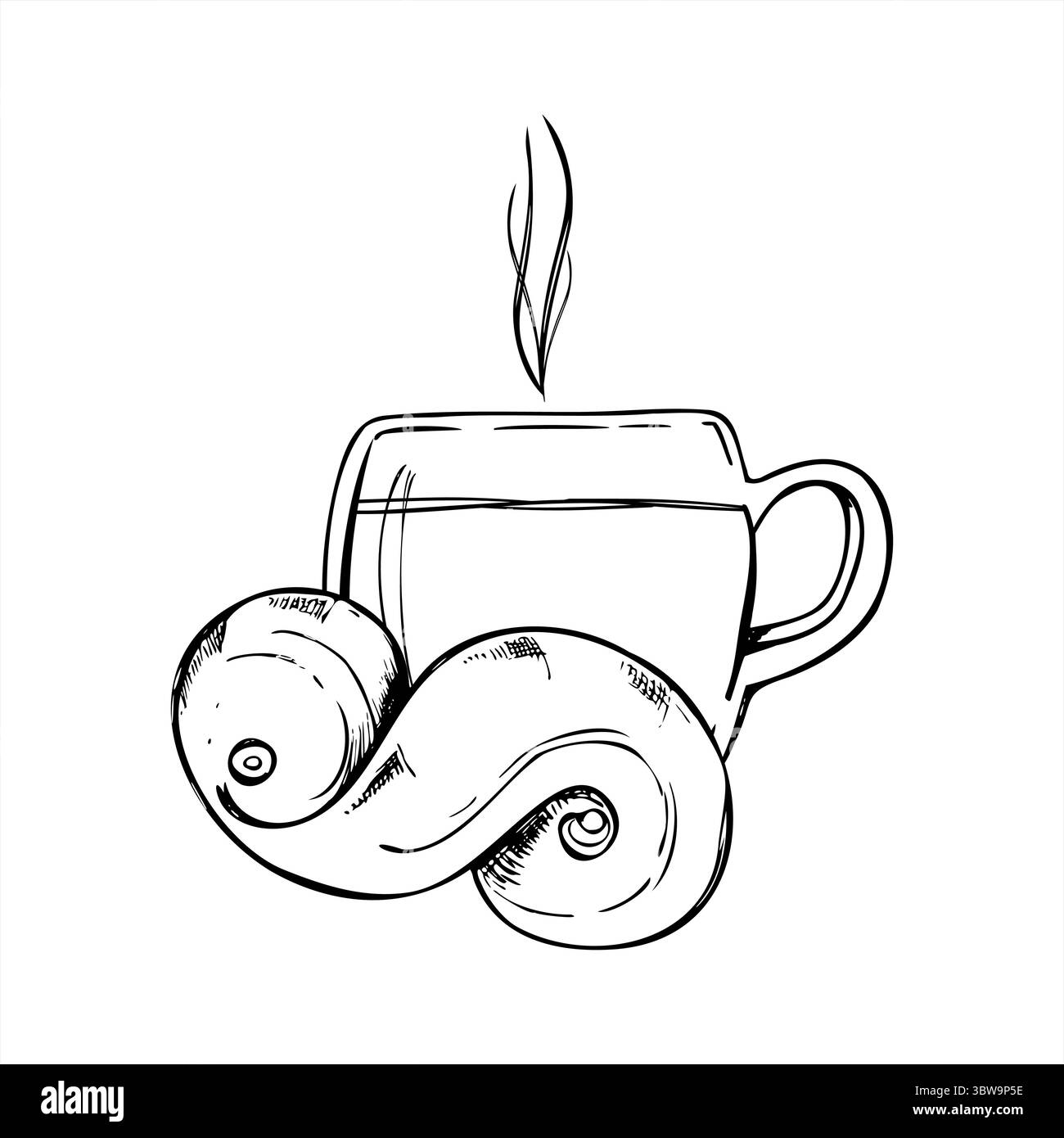 Dampfendes heißes Getränk in Becher mit traditionellem schwedischem Safranbrötchen monochrome Vektor-Illustration gemalt. Gemütliches Winterkonzept. Lussekatt-Gebäck Stock Vektor