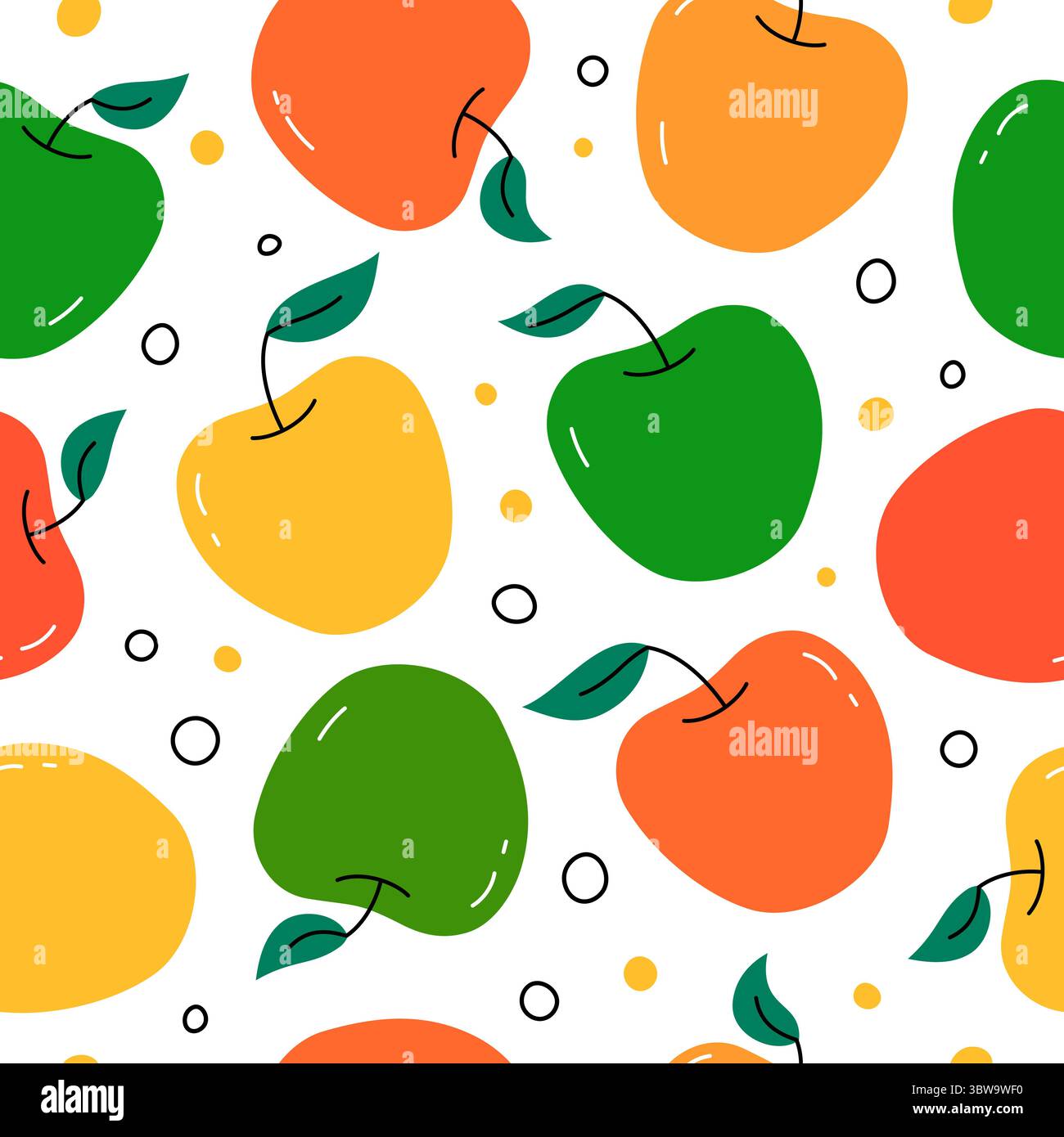 Äpfelmuster. Nahtloser Vektor-Hintergrund mit flachen bunten Äpfeln. Wiederkehrendes Sommerdesign, Grafikdruck mit schlichten Früchten Stock Vektor