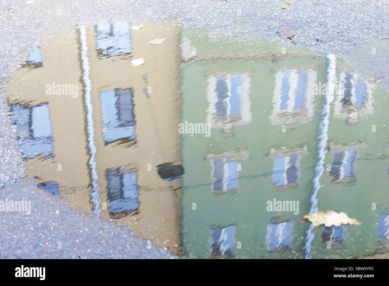 Reflexion eines Gebäudes in einer Wasserpfütze. Das Spiegelbild ist ein grünes Gebäude mit einem braunen Gebäude im Hintergrund Stockfoto