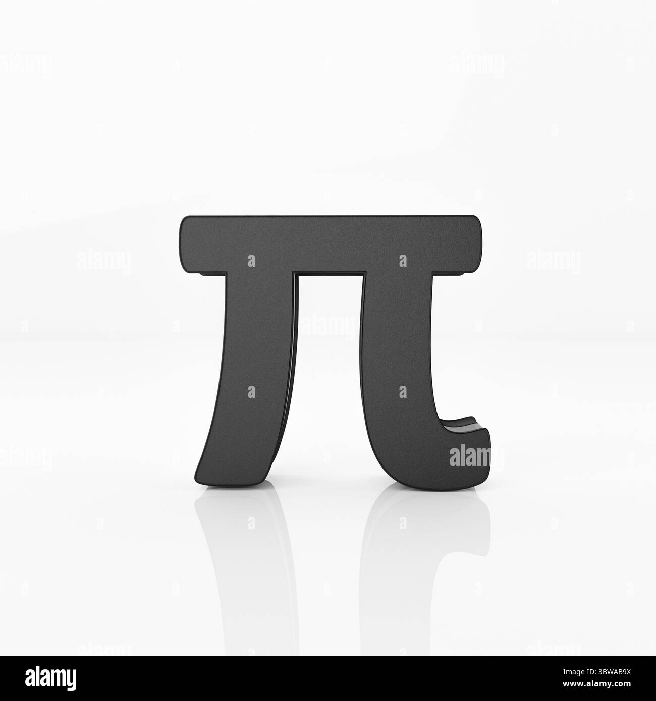 Schwarzes Pi-Symbol auf weißem, glänzend reflektierendem Hintergrund. Pi-Tag und mathematisches Konzept. 3D-Darstellung von Illustrationen Stockfoto