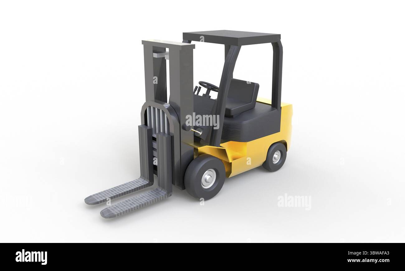 Gelber Gabelstapler mit leerer Gabel auf weißem Hintergrund. Transport- und Industriekonzept. Versand- und Lieferlager. 3D-Illustration ren Stockfoto