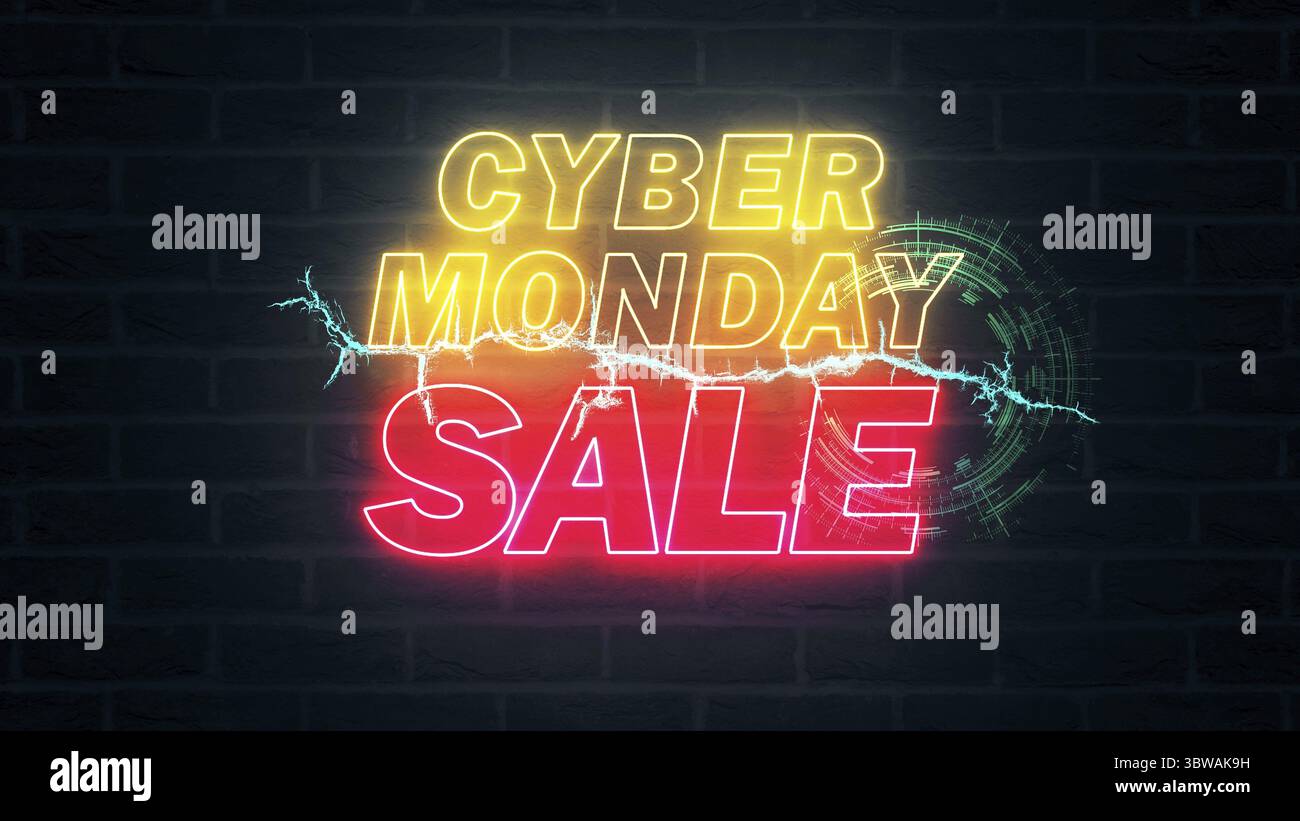 Cyber Monday Verkauf Text in Gelb, Rot und Blau Grün leuchtende Beleuchtung mit Blitz Thunderbolt auf Mauer Hintergrund. Hot deal Förderung b Stockfoto