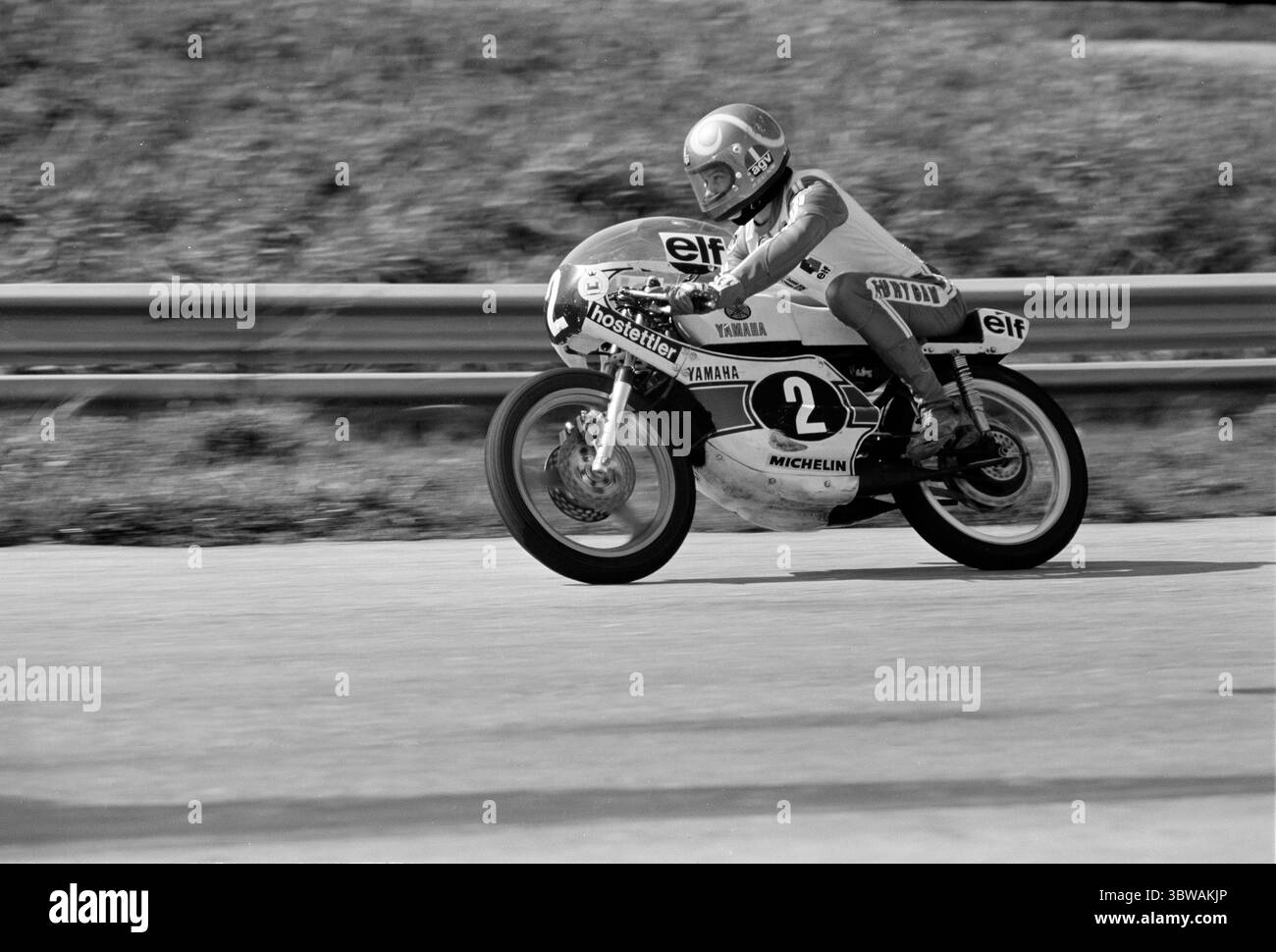 1975 – Bruno Kneubühler – Yamaha 250 ccm – CIV Gran Premio Perla Verde – Misano – Original negative Imacon Scan Stockfoto