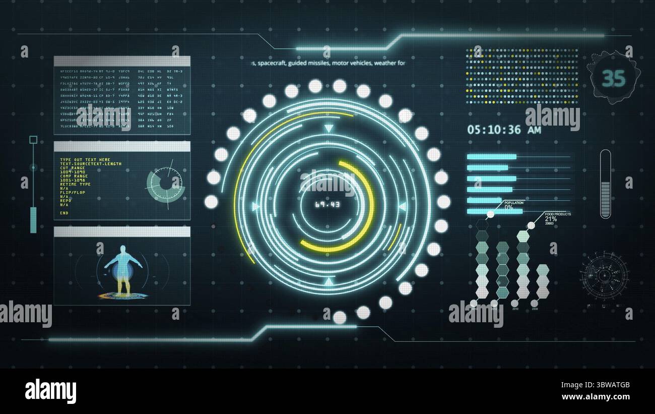 HUD digitale Transformation Benutzeroberfläche Computer-Bildschirm mit Pixel Hintergrund. Blau und gelb abstrakt Hologramm Hologramm Technologie con Stockfoto