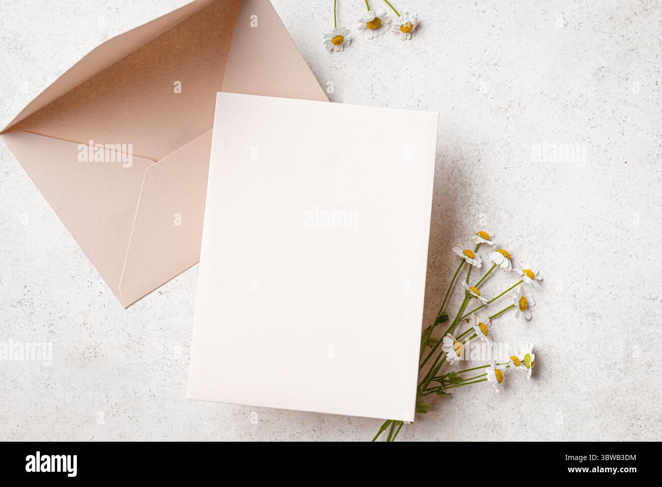 Gruß- oder Einladungskarte Mockup, weißes leeres leeres Blatt mit Umschlag und Blumendekor auf beigefarbenem Betonhintergrund, Kopierraum. Kreative Kartenvorlage Stockfoto