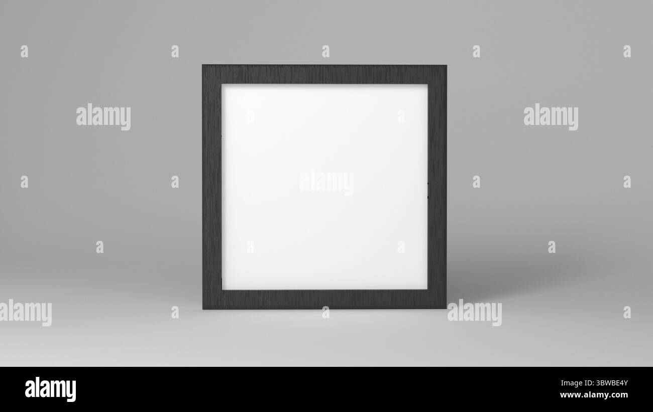 Weißer Bilderrahmen in quadratischer Form mit dunkelgrauem Hintergrund. Vorlage für Markenpräsentation - Druck-Cover. Minimalismus und Innenthema. 3D-Illustration Stockfoto