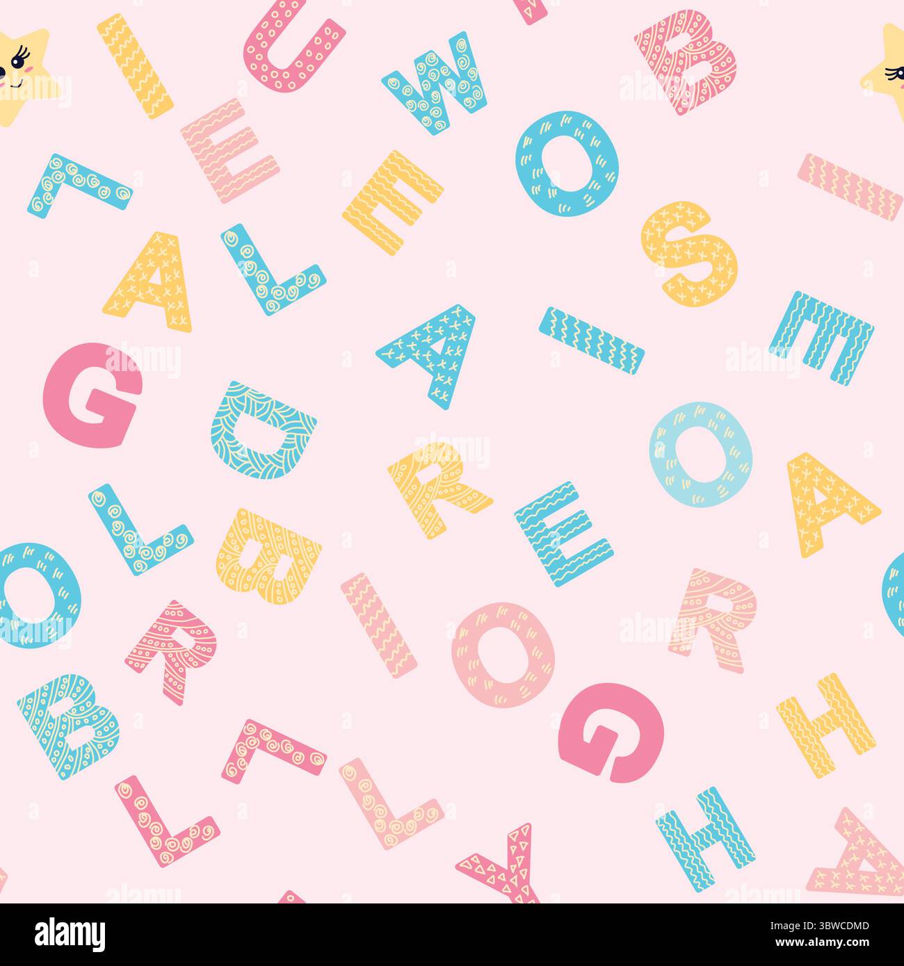 Nahtloses ABC-Muster im einfachen Cartoon-Stil. Niedliches Alphabetmuster – handgezeichnetes kindliches, nahtloses Muster. Digitales Papier. Stock Vektor