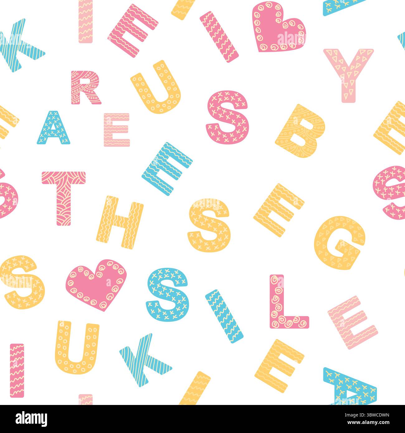 Nahtloses ABC-Muster im einfachen Cartoon-Stil. Niedliches Alphabetmuster – handgezeichnetes kindliches, nahtloses Muster. Digitales Papier. Stock Vektor