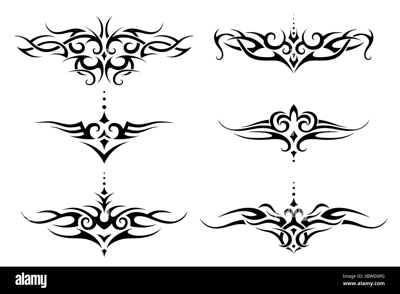 Set mit Tribal Tattoo für den unteren Rücken, die Schulter oder die Brust. Vektorrahmen Randmuster Ornament Dekor Kollektion. Stock Vektor