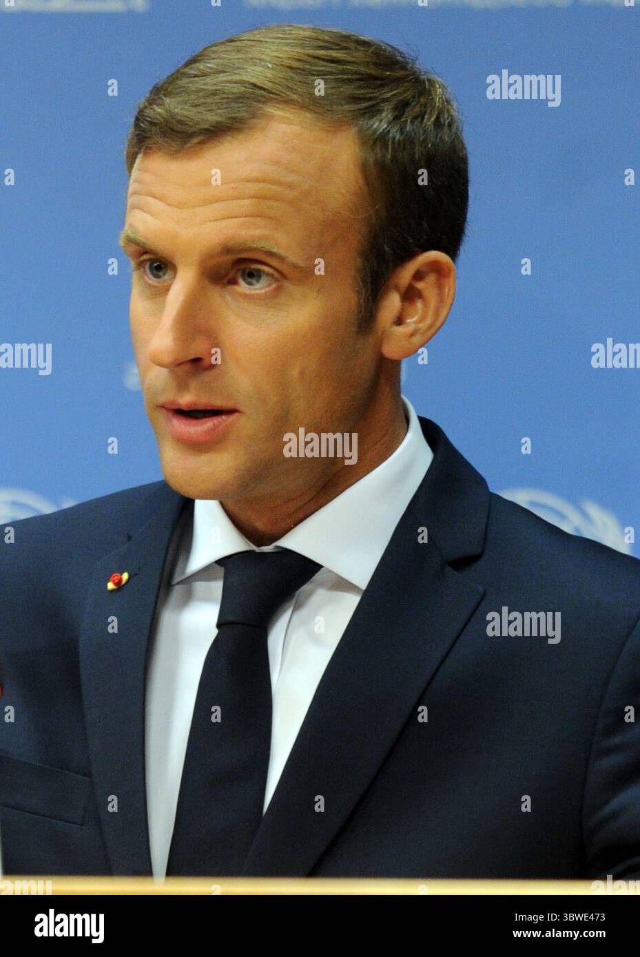 September 2017, Manhattan, New York, USA: NEW YORK, 19. SEPTEMBER: der französische Präsident Emmanuel Macron spricht auf der 72. Generalversammlung der Vereinten Nationen am 19. September 2017 in New York. Dies ist Trumps erster Auftritt in der Generalversammlung, wo er sich mit Bedrohungen aus dem Iran und Nordkorea unter anderem mit globalen Bedenken befasste...Menschen: Französischer Präsident Emmanuel Macron (Credit Image: © SMG via ZUMA Wire) Stockfoto