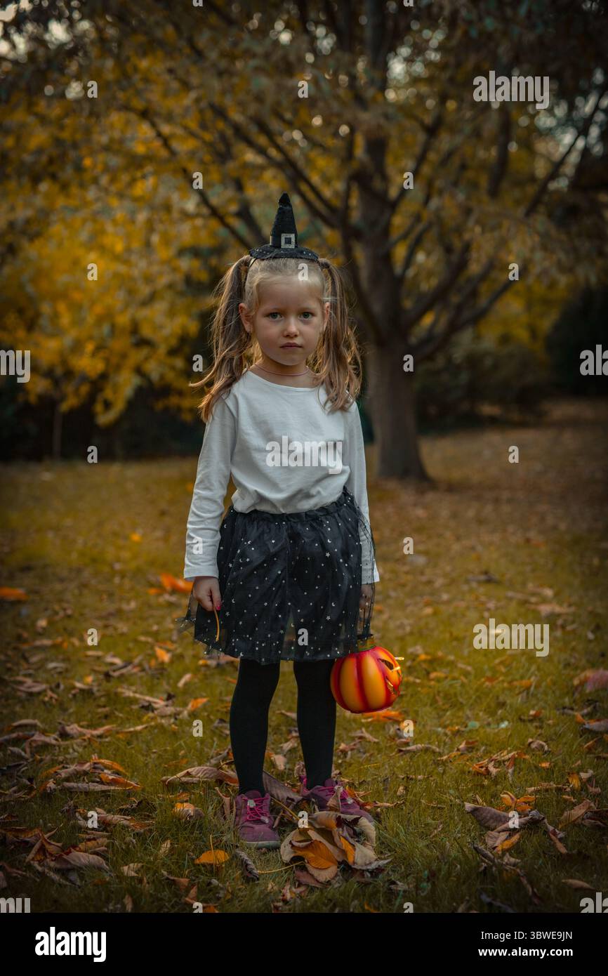 Glückliche Mädchen 5 Jahre an Halloween mit Kürbissen im Park. Hochwertige Fotos Stockfoto