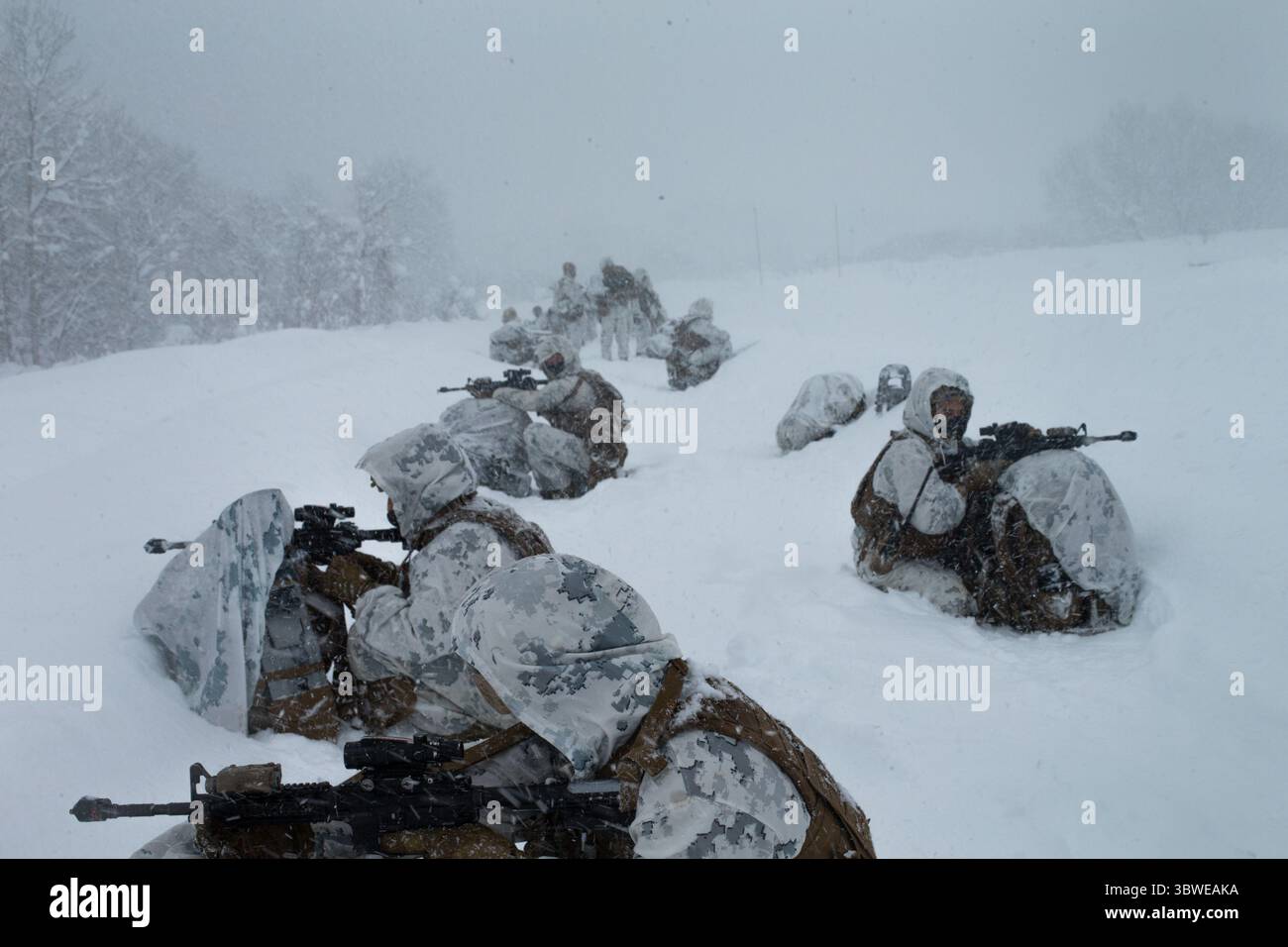 16. Dezember 2020 – Niigata, Japan – NIIGATA, Japan (16. Dezember 2020) Marines mit dem 3. Bataillon, 8. Marine-Regiment, sorgen am 16. Dezember 2020 für Sicherheit bei einem Schneesturm während der Übung Forest Light 21 in der Präfektur Niigata, Japan. Forest Light ist ein jährliches bilaterales Training, das die Interoperabilität und Bereitschaft des US-Marine Corps und der japanischen Bodenselbstverteidigungsstreitkräfte stärkt, Aggressionen abzuschrecken und jede Bedrohung zu besiegen. Diese Iteration konzentriert sich auf die Eroberung und Verteidigung wichtiger maritimer Gebiete als integrierte Truppe zur Unterstützung von Marineoperationen zur Verteidigung Japans. 3/8 IS Stockfoto