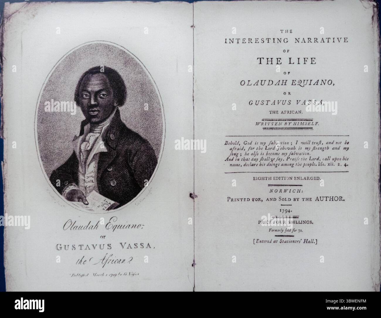 Innenhülle der Autobiographie von Olaudah Equiano, auch bekannt als Gustavus Vassa 1794 Stockfoto