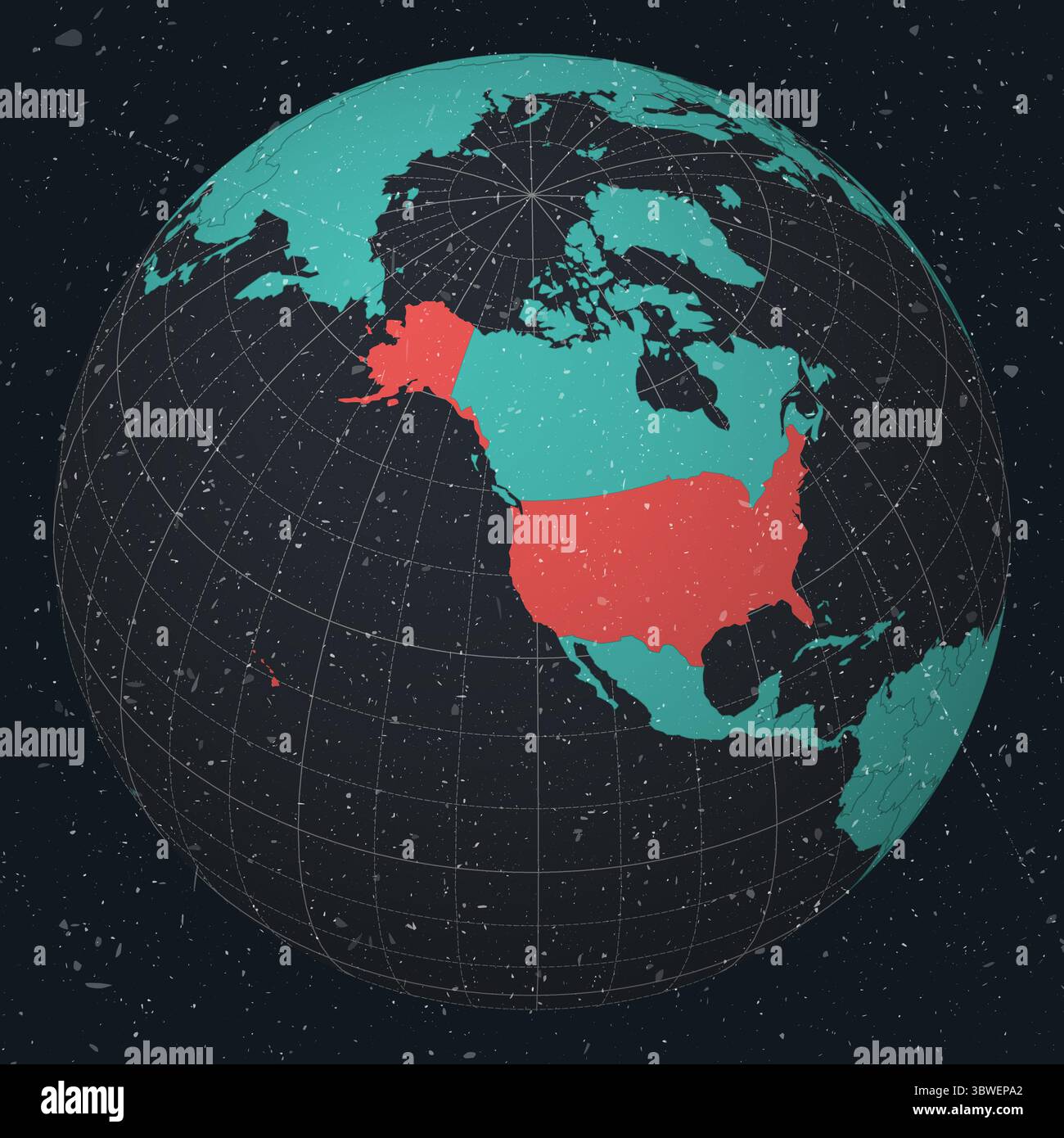 Die Vereinigten Staaten von Amerika auf Globe. Vintage-Look mit zerkratzter Grunge-Textur. Länderansicht auf der Weltkarte in dunklem Anthrazit Türkis. Stock Vektor