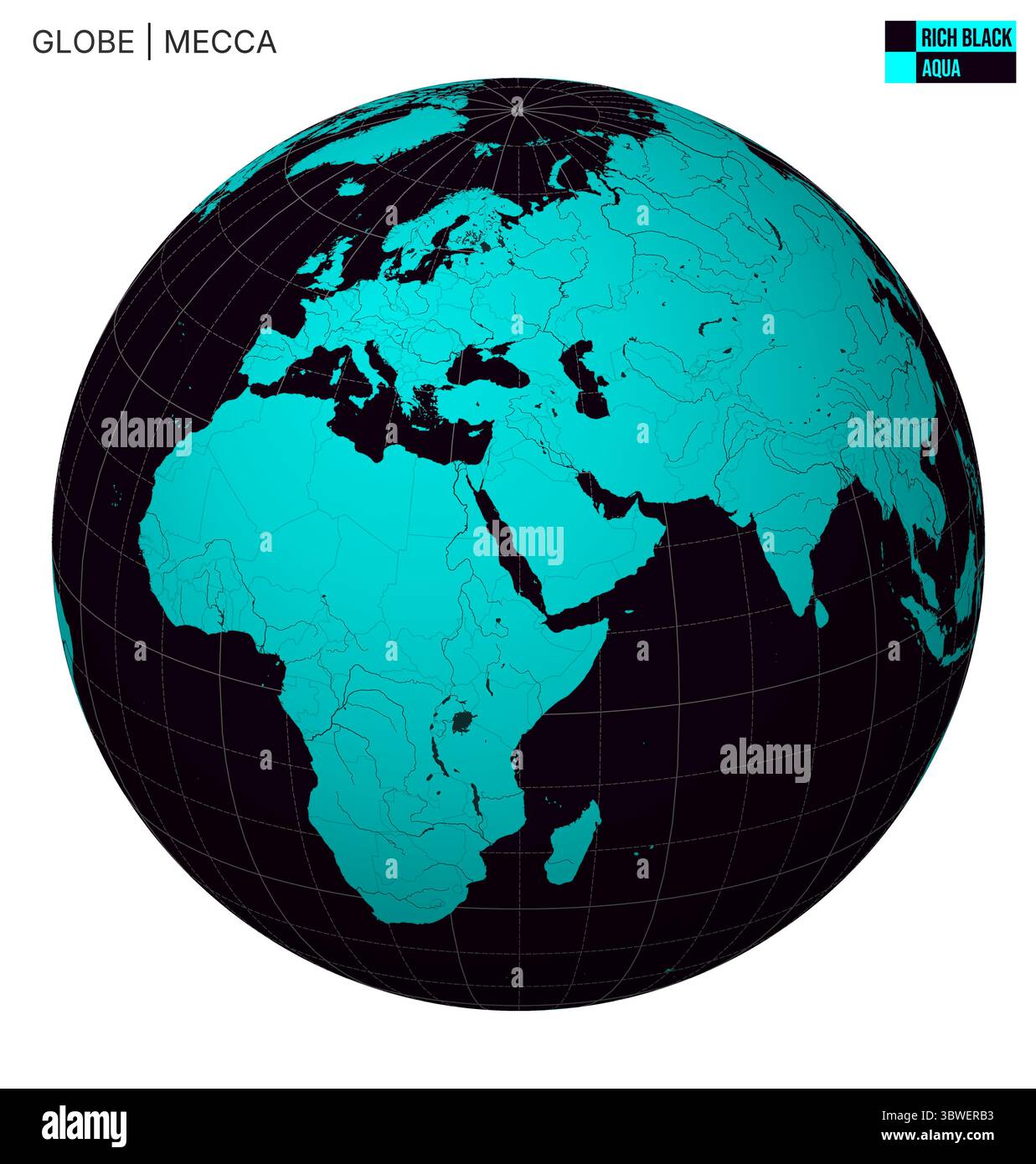 Vektor Globe zentriert auf Mekka. Sattes Schwarz Aqua. Weltkarte mit Meridianen, Parallelen, Ländern, Flüssen und Seen. Stock Vektor