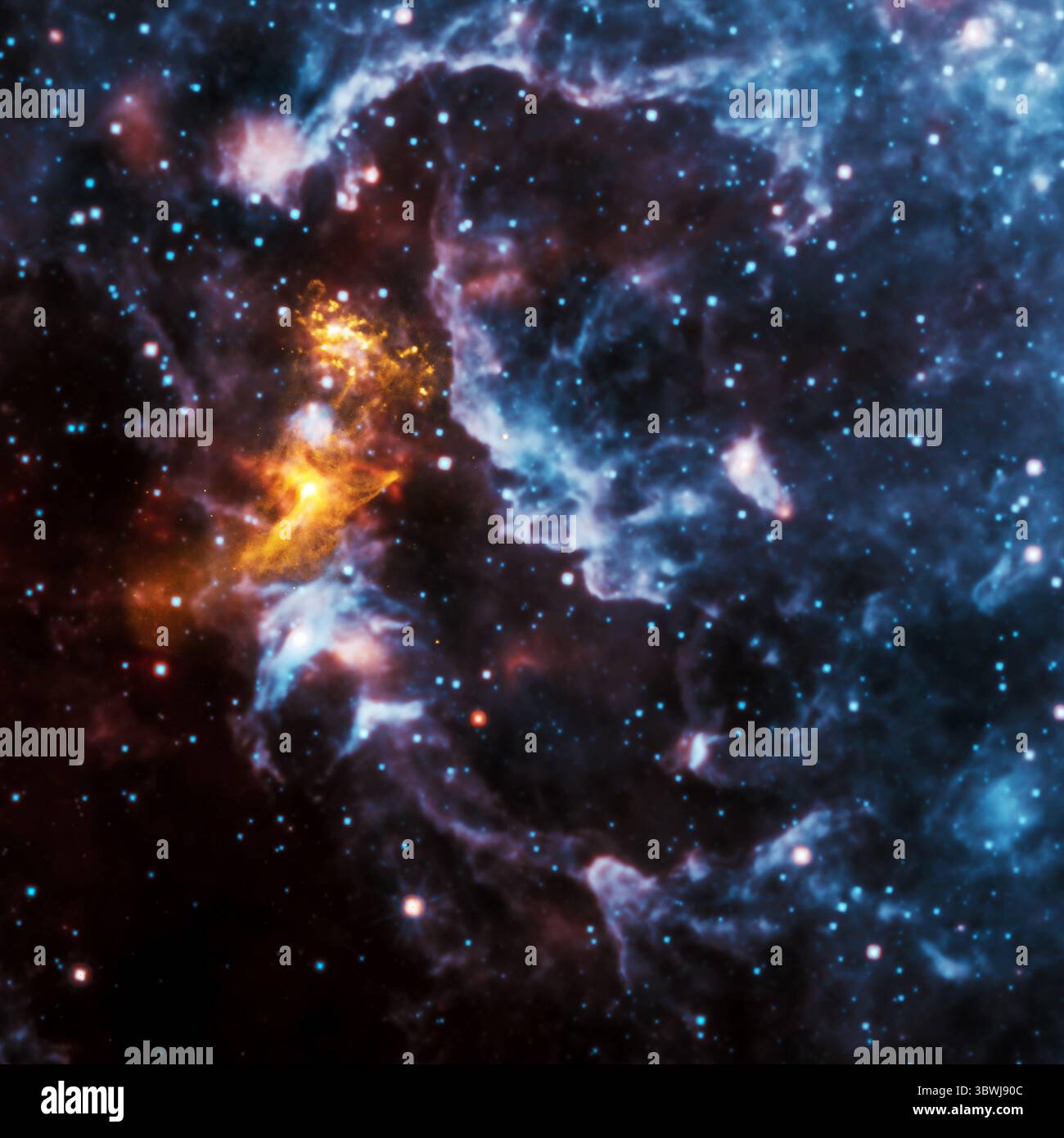 5. Januar 2021 - Weltraum - Pareidolia ist das psychologische Phänomen, bei dem wir erkennbare Formen in Wolken, Felsformationen oder anderweitig nicht verwandten Objekten oder Daten sehen. Als 2009 ein Bild vom Chandra X-ray Observatory der NASA von PSR B1509-58, einem sich drehenden Neutronenstern, umgeben von einer Wolke energetischer Partikel, die etwa 17.000 Lichtjahre von der Erde entfernt war, veröffentlicht wurde, erregte es schnell Aufmerksamkeit, da viele eine handähnliche Struktur in der Röntgenstrahlung sahen. In diesem Bild des Systems werden Röntgenstrahlen von Chandra in Gold zusammen mit Infrarotdaten des Wide-Field Infrared Survey Explorer der NASA (WISE Stockfoto
